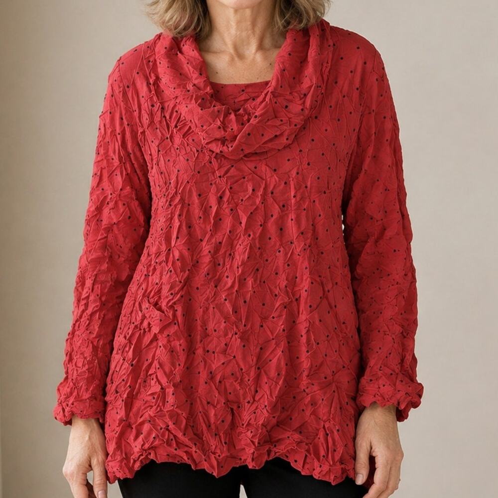 Comfy USA Cowl Neck Tunic Size Small Red Polka Dot Crinkle Layering Lagenlook